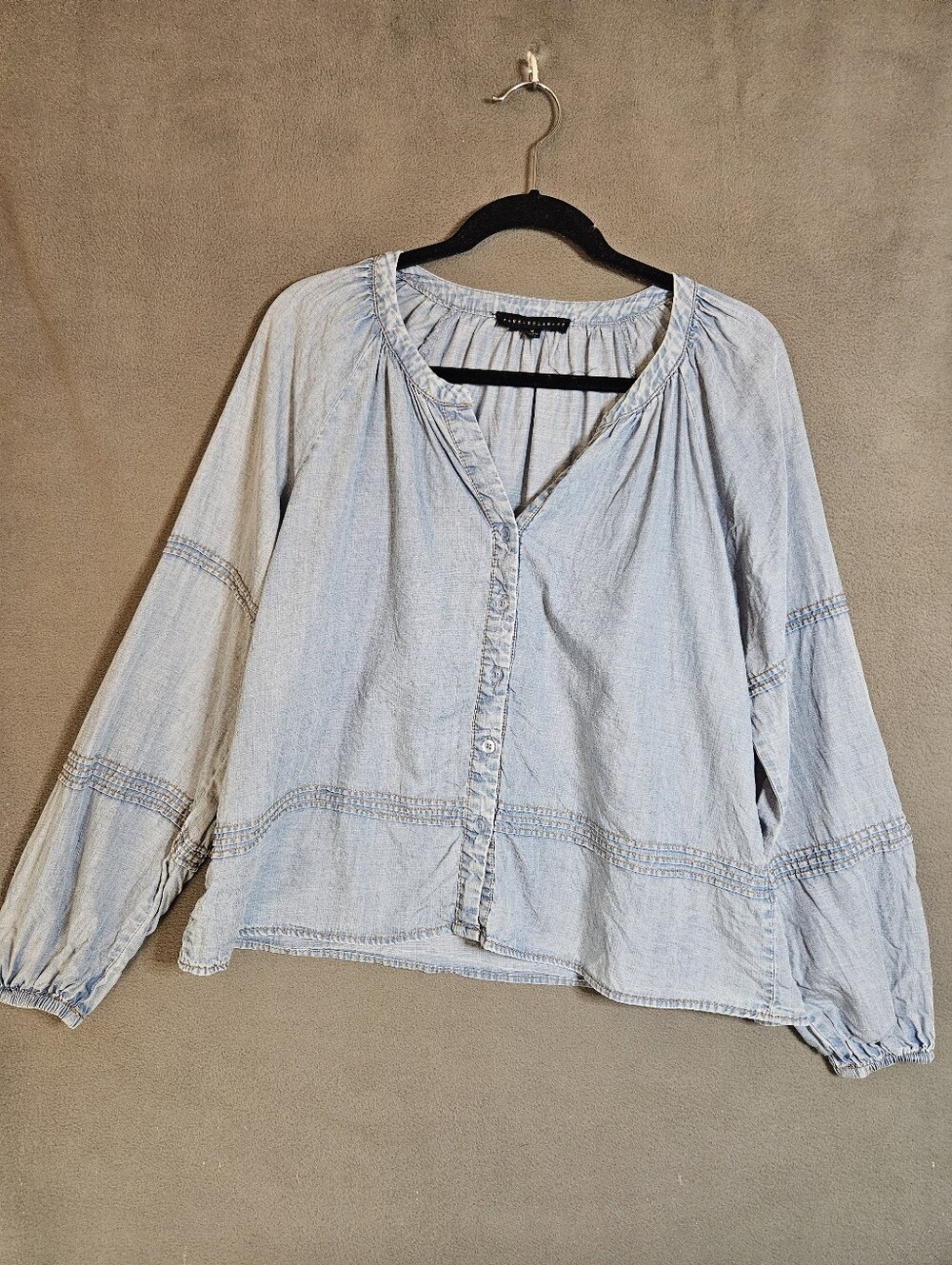 Jane Delancey Womens Medium Blue Denim Shirt Buttons Long Balloon Sleeve Pleated